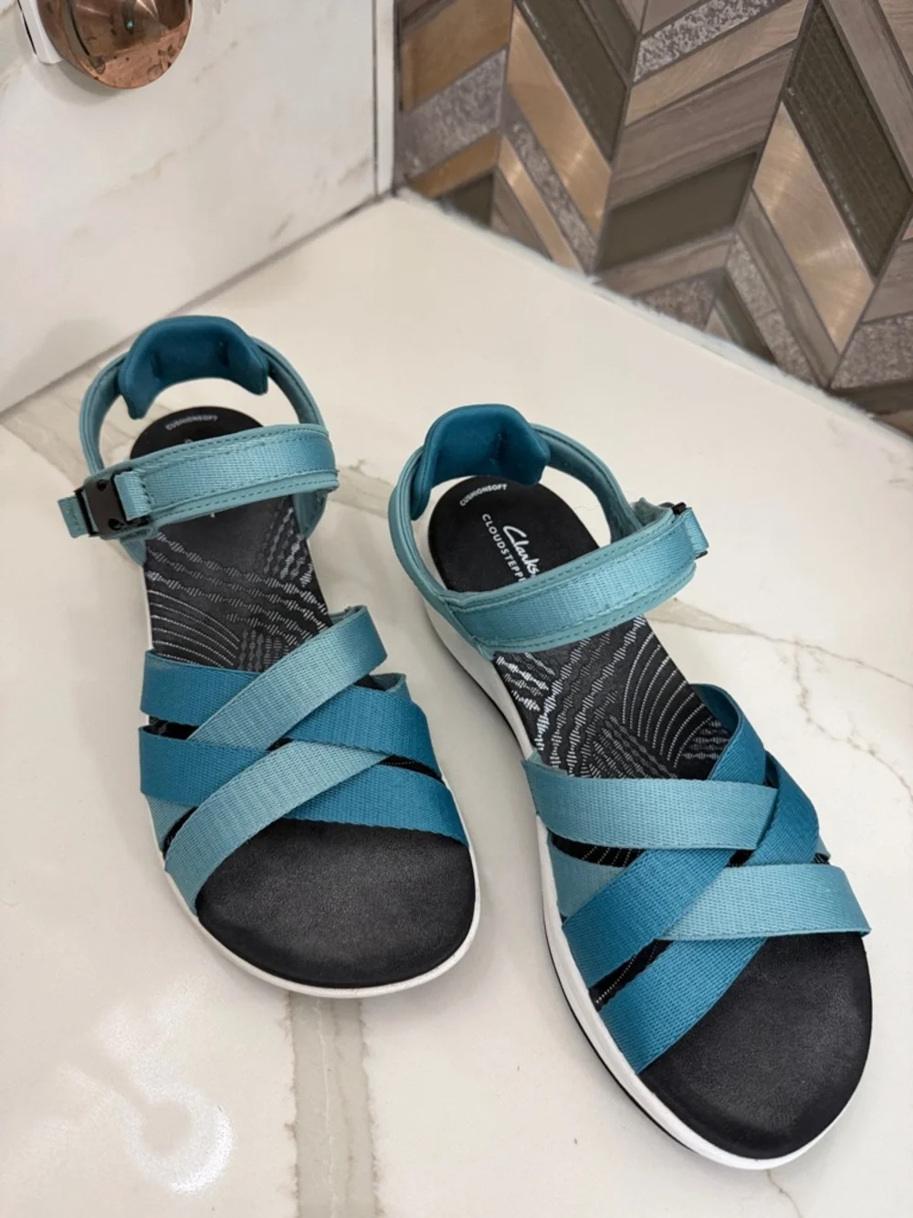 Clarks Teal and Aqua Strappy Sandals - Picture 1 of 5
